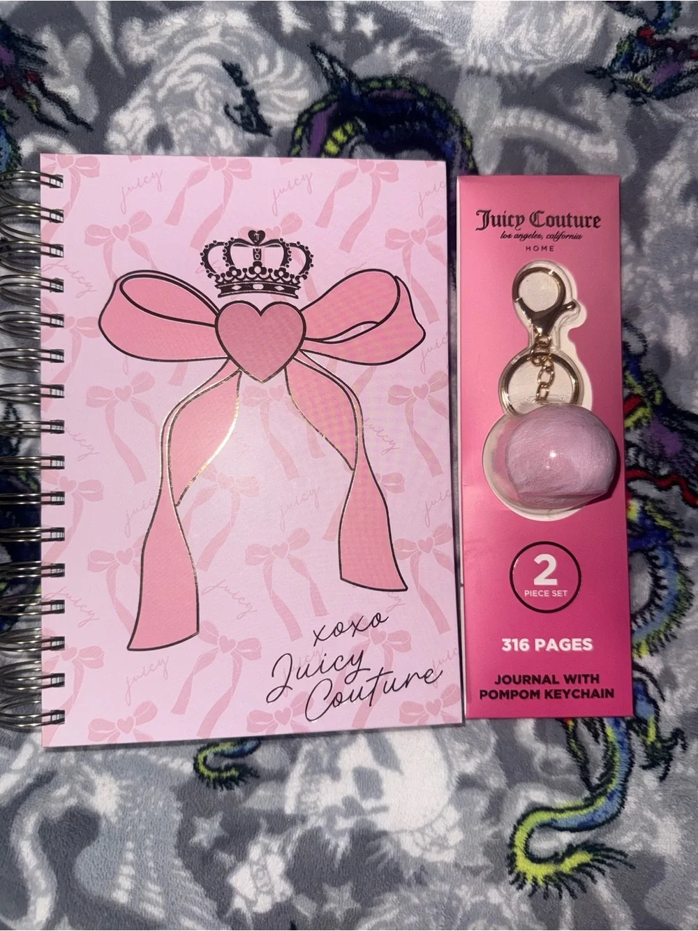 Juicy Couture Home Pink Bow Spiral Journal & Pom Pom Keychain Set